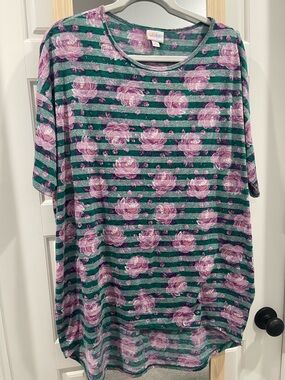 LuLaRoe Green and Purple Striped Floral Tunic